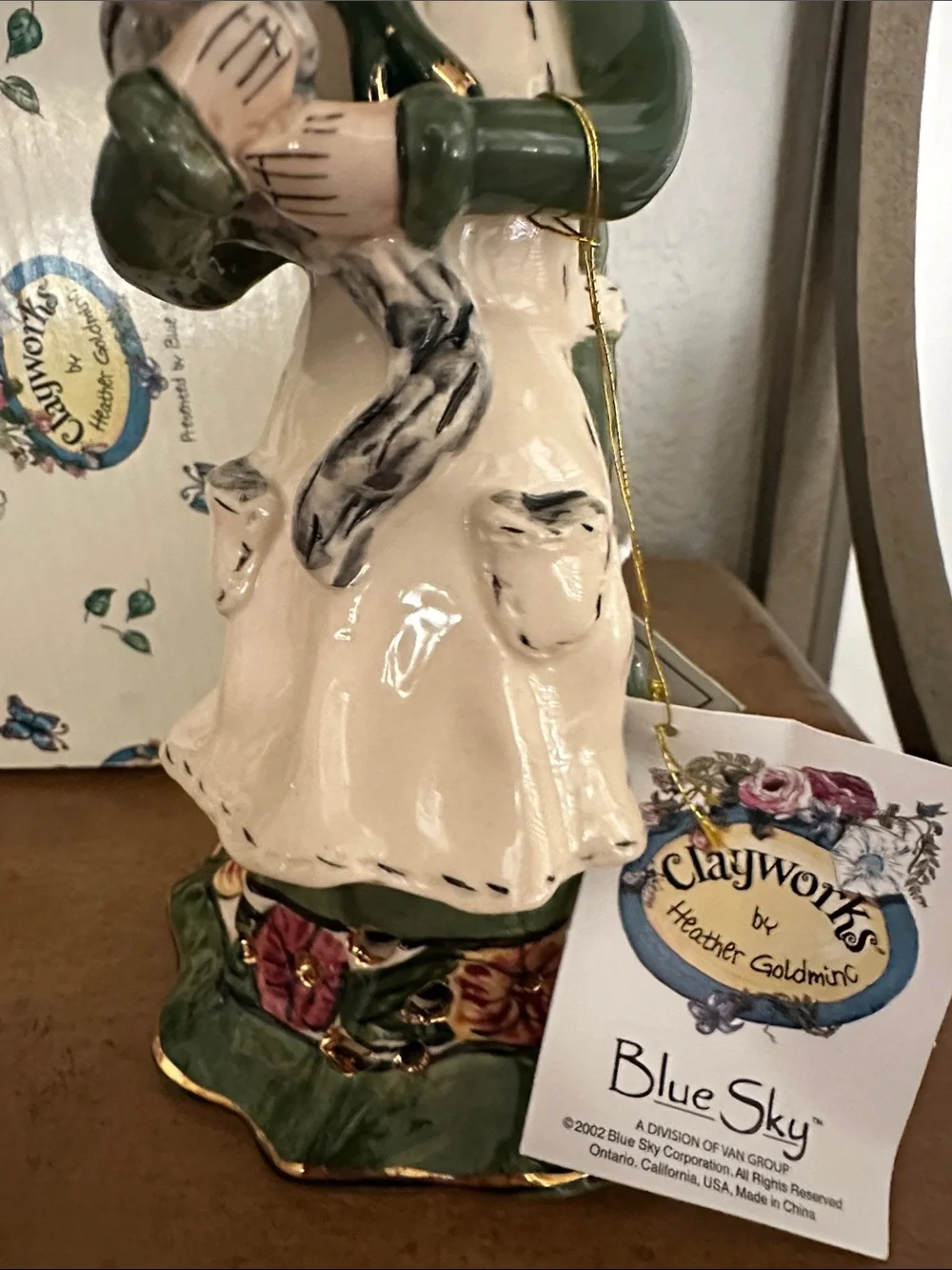 Blue Sky Green & Cream Girl Figurine Holding Cats